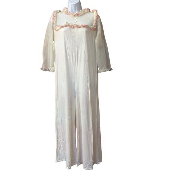 Vintage Union Jeri Morton Sleep Jumpsuit White Pink Lace Sheer Size Medium - Picture 1 of 14
